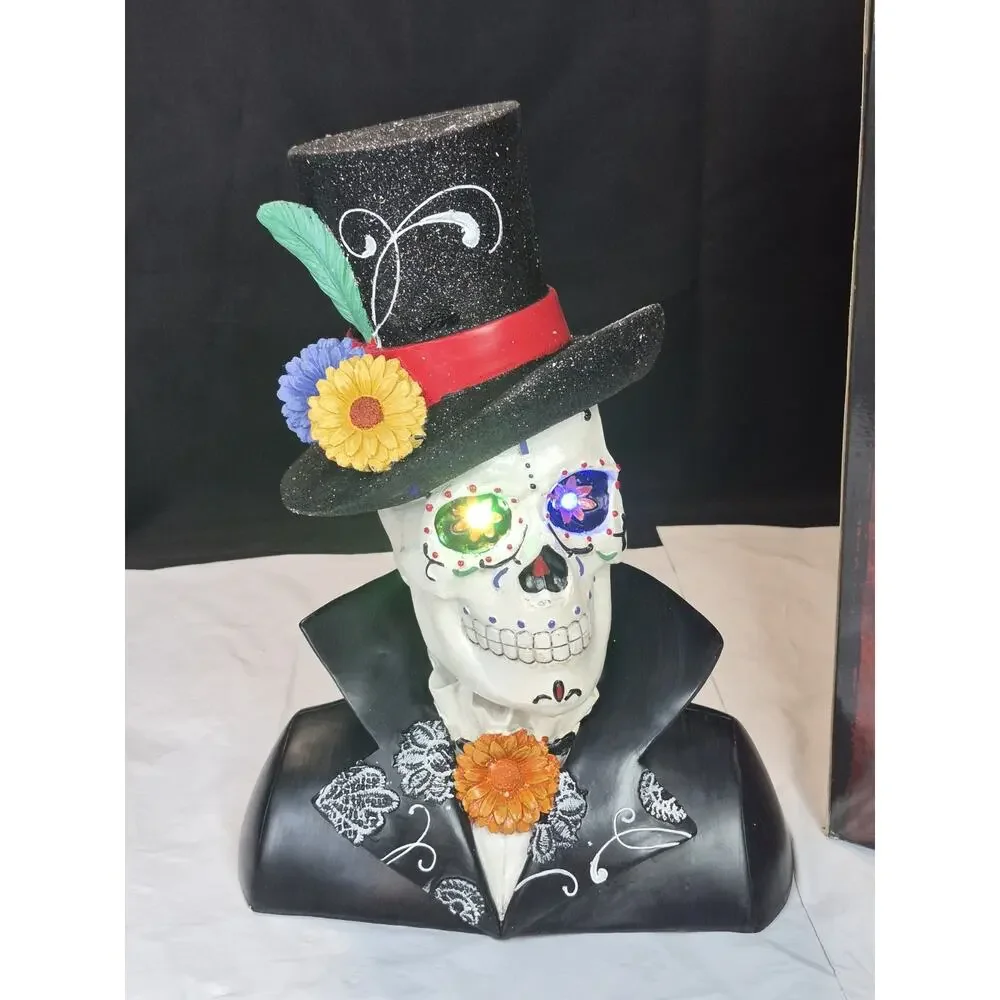 DAY OF THE DEAD SUGAR SKULL with Color Changing LED Light Eyes ~ Halloween Decor